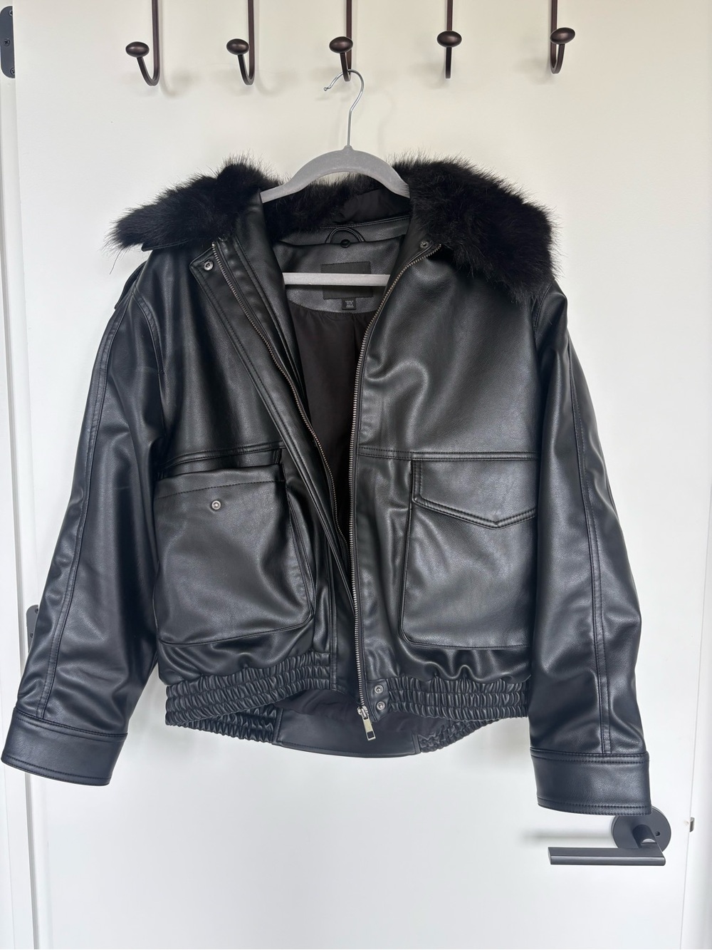 Zara Black Faux Leather Jacket with Fur Collar